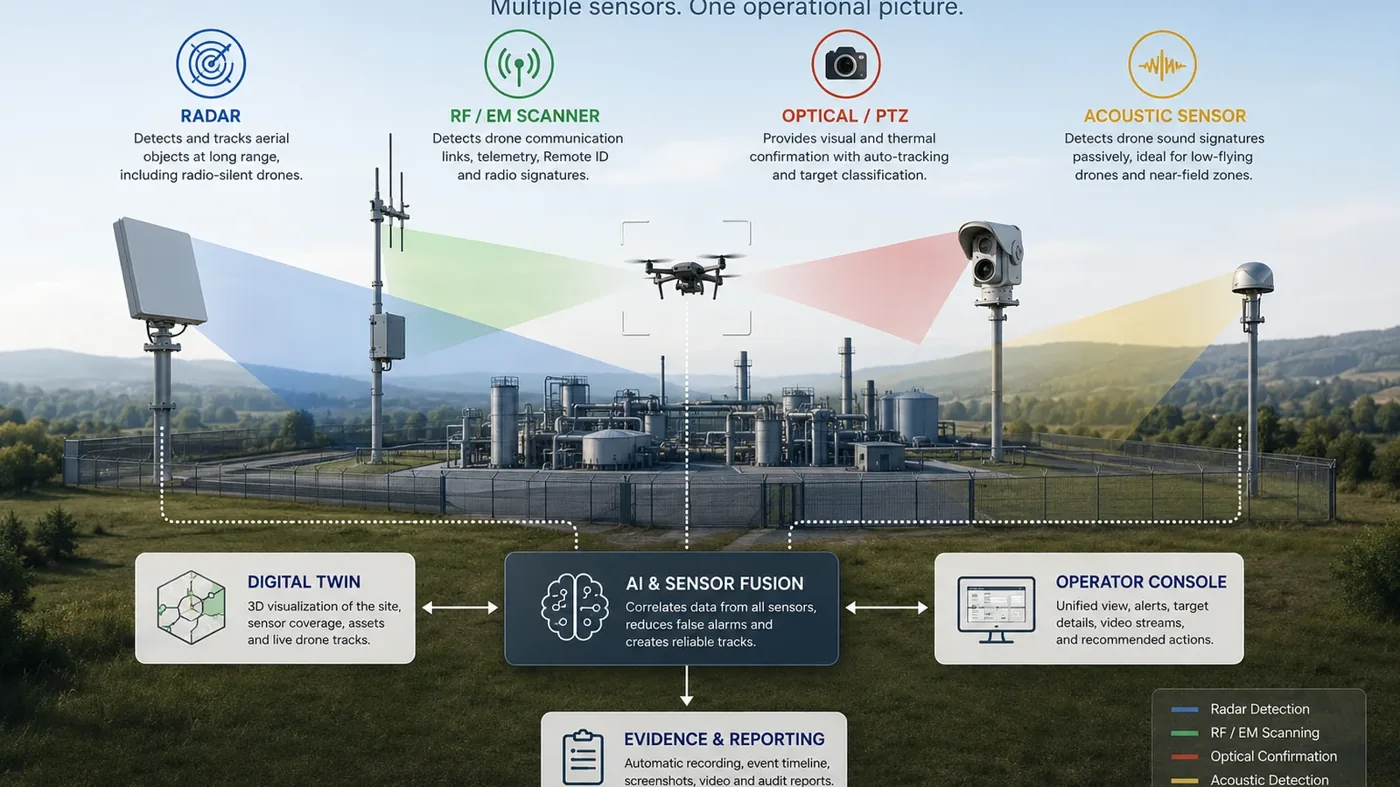 بنية دمج مستشعرات Counter-UAS تجمع الرادار والترددي والبصري PTZ والصوتي في وحدة تحكّم المشغّل