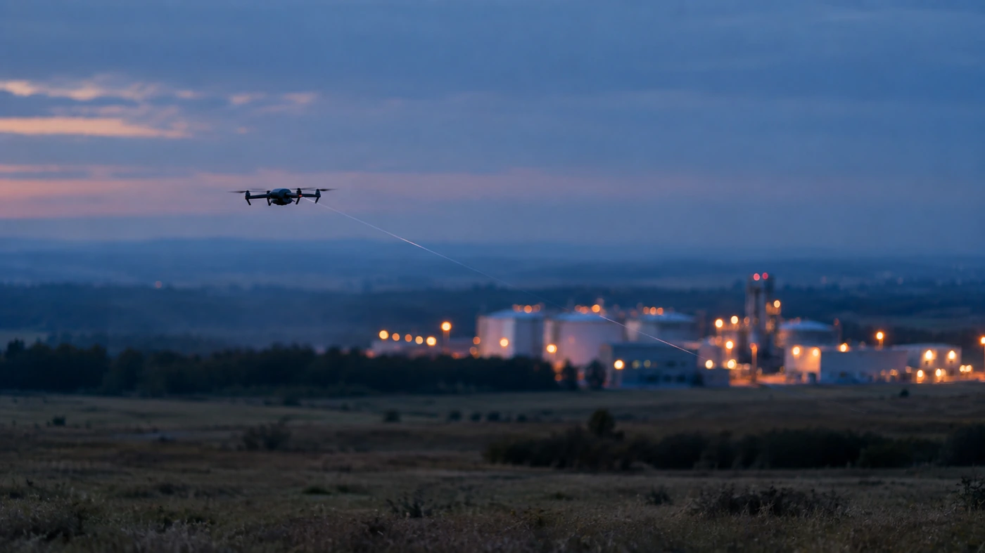 Kleine Quadrocopter-Drohne im Dämmerlicht über offenem Gelände, hinter sich eine haardünne Glasfaser; am Horizont eine beleuchtete Industrieanlage